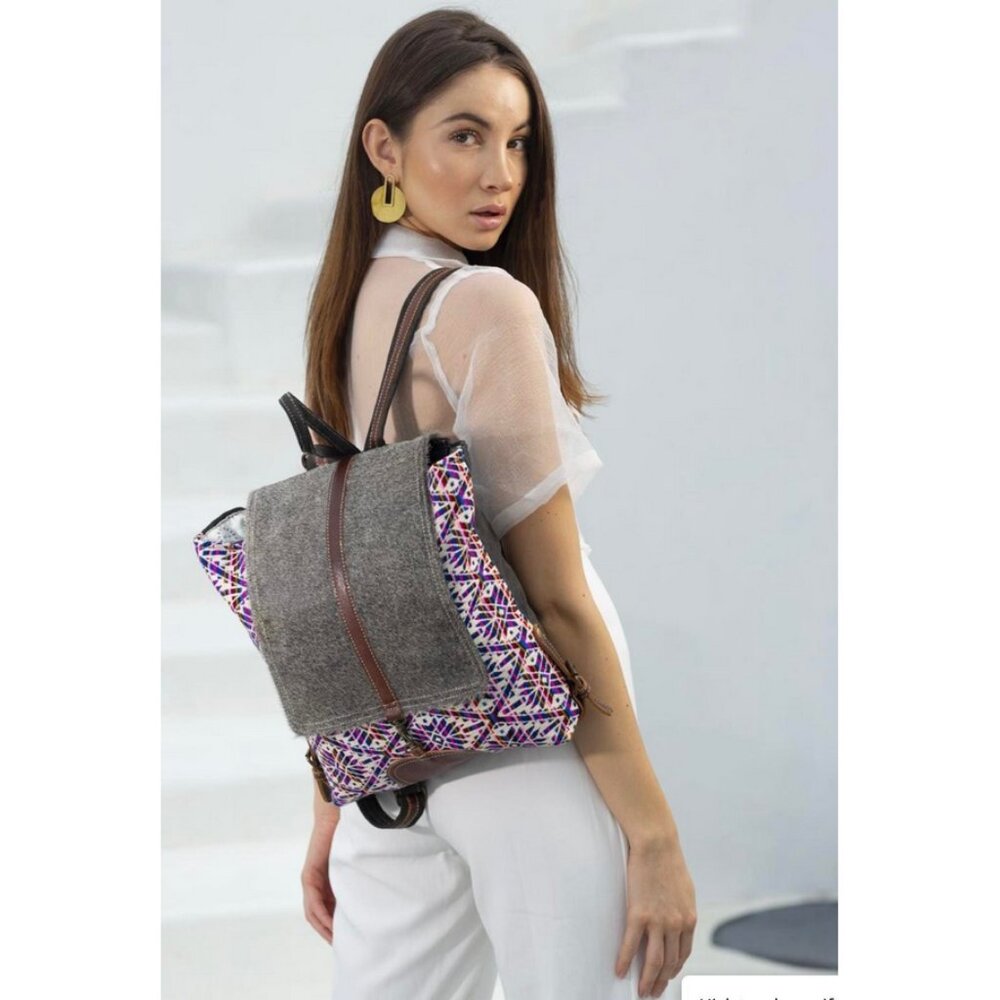 Myra Bag Handmade Vibrant Backpack Upcycled Canvas & Cowhide Leather Western
